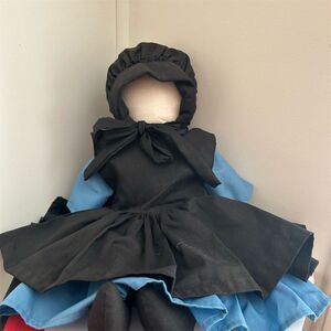 VTG Handmade Colonial Style Pioneer Doll Black Dress Blue Apron Bonnet MCM